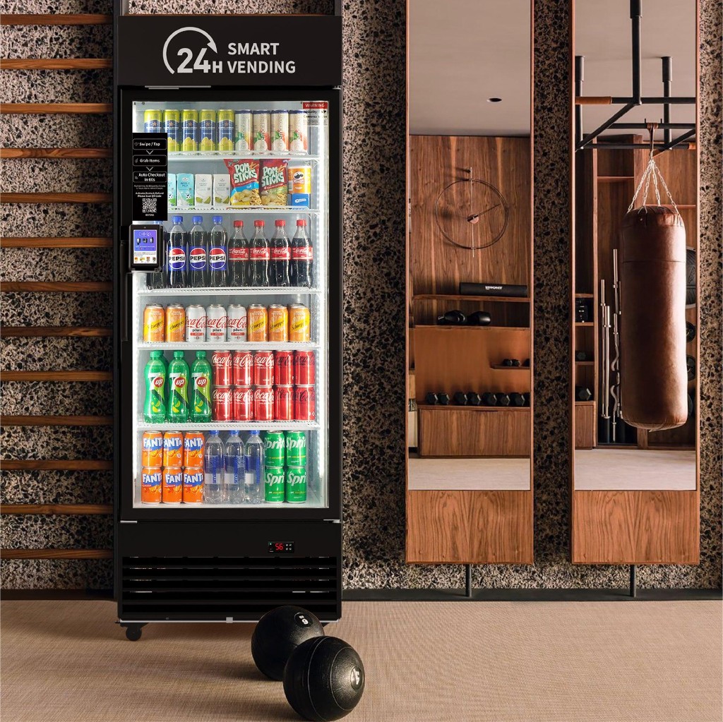 Smart cooler vending machine installed in a modern fitness center